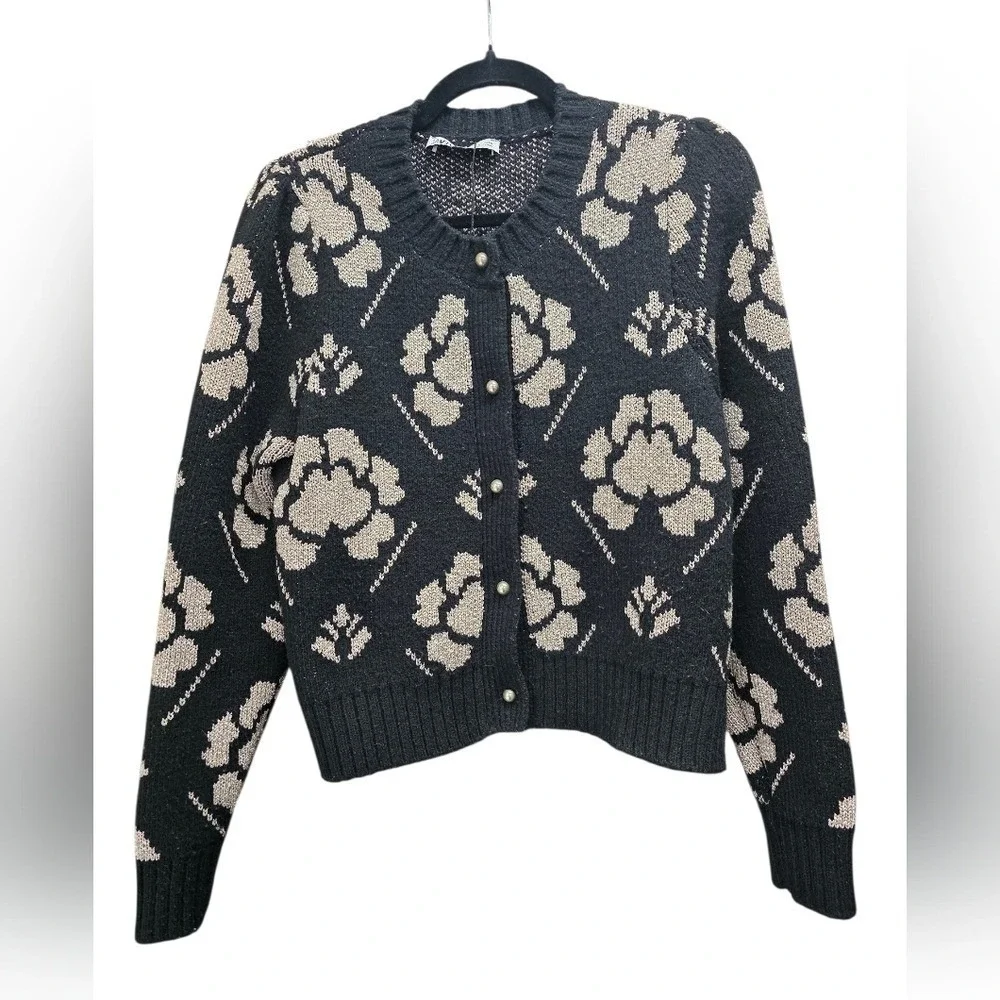 Zara‎ Black Metallic Floral Knit Cartigan Sweater Size M Gold Button Front